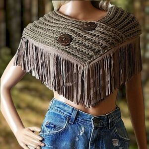 Code Knit Pull-Over Fringed Shoulder & Neck Wrap Warmer Poncho